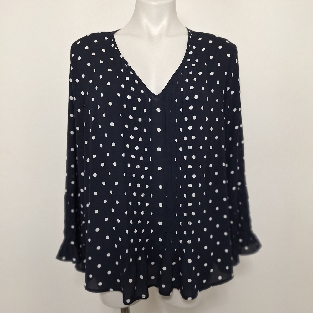 The Limited Navy Blue & White Polka Dot Retro Preppy Long Sleeve Blouse Size XL